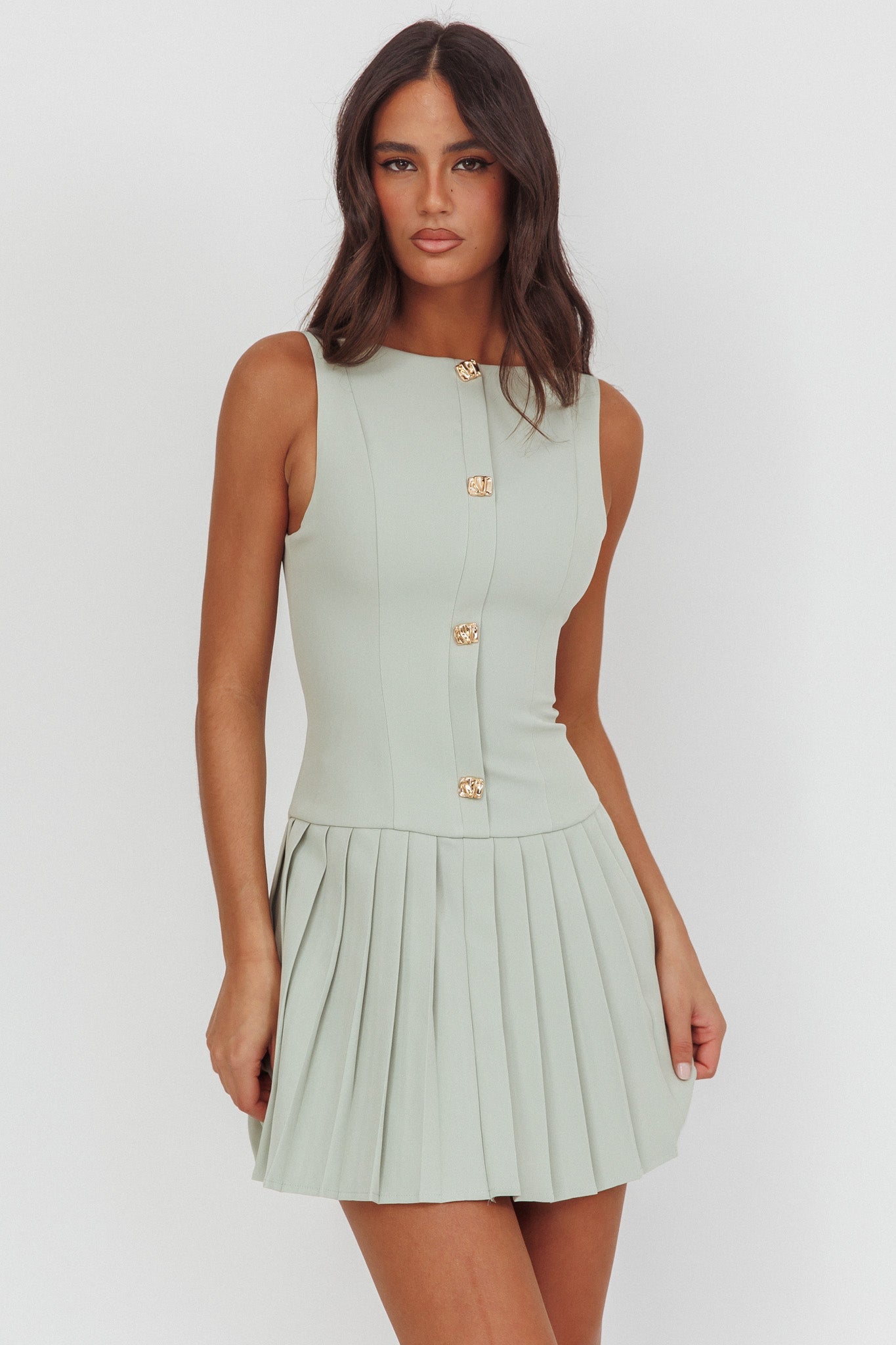 Opulent Pleat Skirt Button Mini Dress Sage